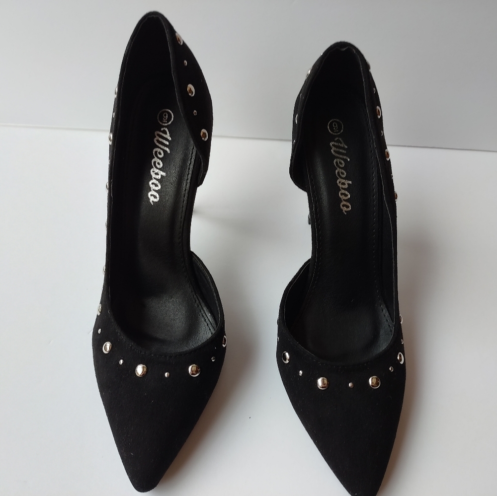Weeboo Sophia Black Velvet High Stiletto Heels Open Side Stud Pointed Toe Size 9